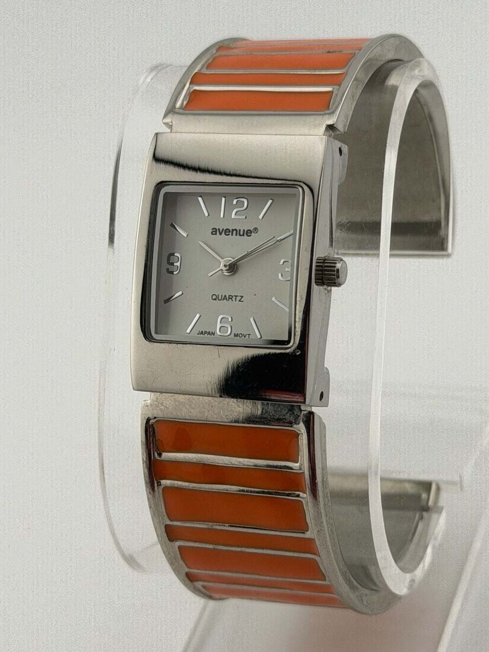 BOGO!-Avenue Silver Tone Cuff Bangle Watch Orange Enamel Accents NEW BATTERY